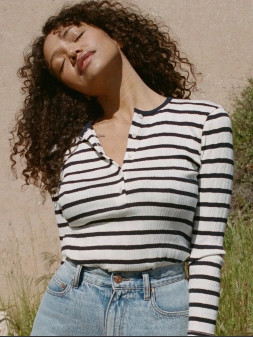 DÔEN Paola 100% Cotton Ribbed Long Sleeve Henley Top Size Medium